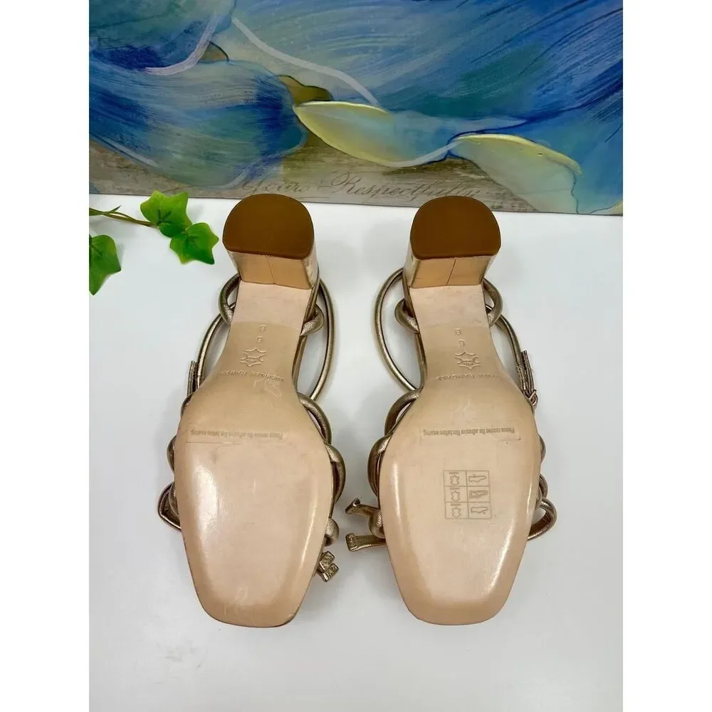 Loeffler Randall Mikel Gold Leather Bow Ankle Strap Block Heel Sandals 6